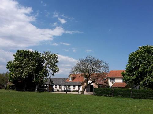 uma casa num campo com relva verde e árvores em De Blauwe Maaten em Neerglabbeek