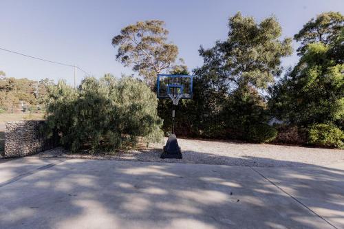 a basketball hoop in the middle of a road at Cliff-Top Retreat Ocean Views in Spring Beach