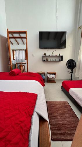 a bedroom with two beds and a flat screen tv at Eco Cabañas Montana in Santa Helena