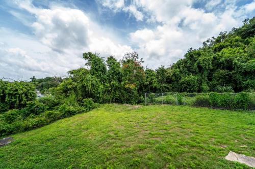 a field of grass with a fence and trees at Casa Kairo in Vega Baja