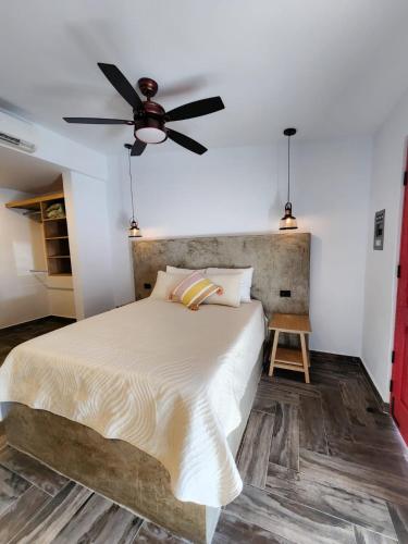 a bedroom with a bed with a ceiling fan at Habitación tipo Look Off in La Paz
