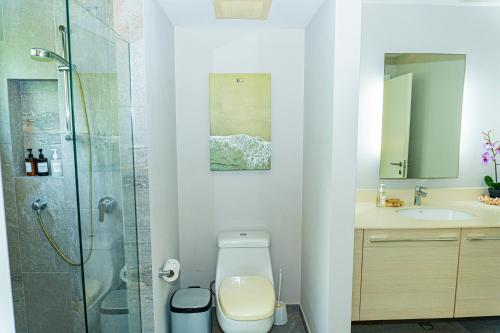 a bathroom with a toilet and a sink and a shower at Elan at Ballena Beach in Uvita