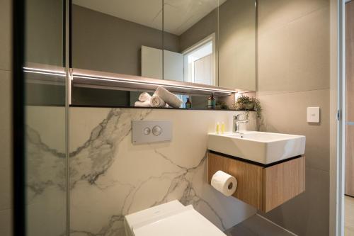 シドニーにあるLuxury studio unit in Macquarie Parkの洗面台、トイレ、鏡のあるバスルーム