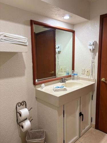 a bathroom with a sink and a mirror at Hotel Plaza Ejecutivo in Tepatitlán de Morelos