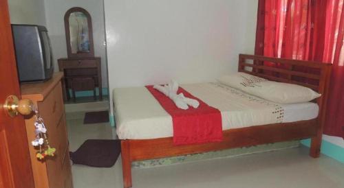 a bedroom with a bed and a tv and a bedskirtspectspectspectspects at Palm Grove Saud Holiday Complex Hotel in Laoag