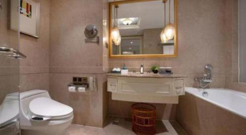 a bathroom with a toilet and a sink and a tub at Jiaxing Sunshine Hotel in Jiaxing