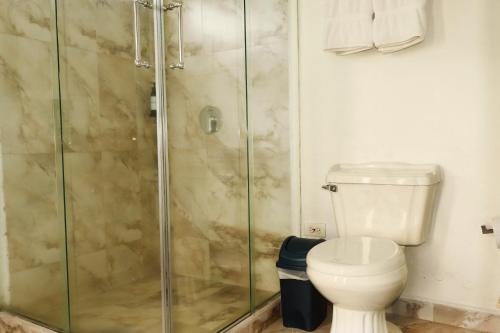 a bathroom with a toilet and a glass shower at Hotel Portobelo Guatape in Guatapé