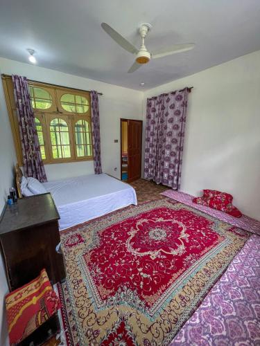 a bedroom with a bed and a red rug on the floor at Mountain Dale Guest House in Gilgit