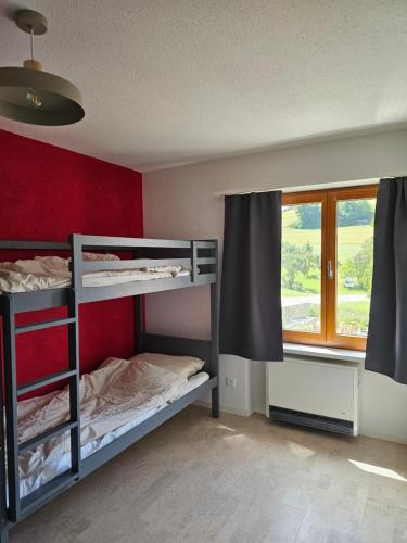 a room with two bunk beds and a window at Apartment Hügelruhe Mandach - 100 m2 - 3 Schlafzimmer - Ferien - Business in Böttstein