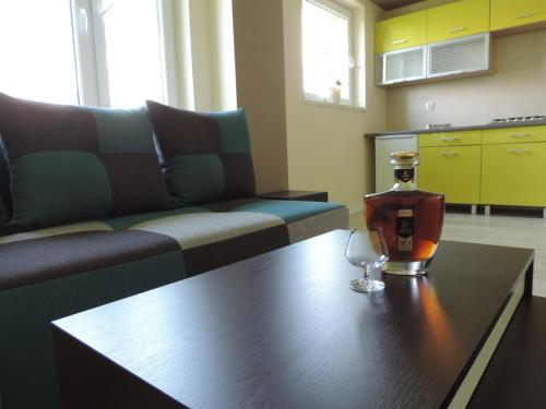 a living room with a couch and a table with a wine glass at Apartament Green in Krosno