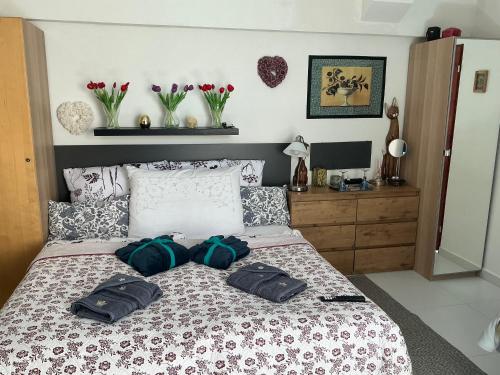 a bedroom with two bags on a bed at Apartmány na náměstí - Kounice in Kounice