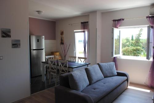 a living room with a couch and a kitchen with a table at Ante Carov Apartment in Verunić