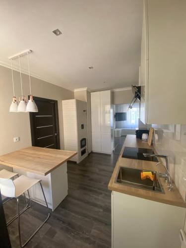 una cucina con un lavello e un piano di lavoro di AV ApartmenT a Rēzekne