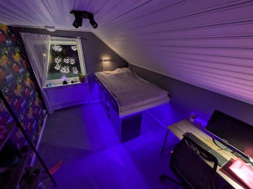 a purple room with a bed and a window at Villa Jan in Boden