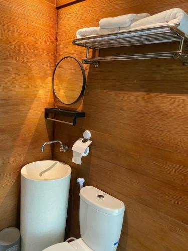a bathroom with a white toilet and a mirror at Clovehigh Cabin and Homestay Munduk in Munduk