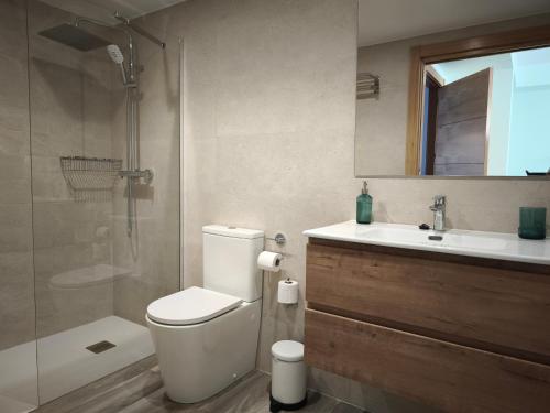 Un baño con inodoro, lavabo y ducha. en Apartamentos Villa de Panes - San Roque, en Panes