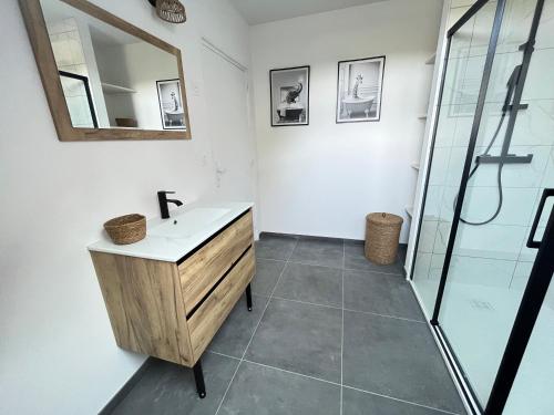 a bathroom with a sink and a mirror at La maison de Louise in Sizun