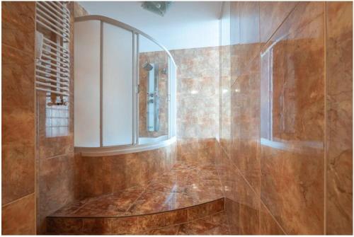 a bathroom with a shower and a mirror at Hotel Restauracja Cukropol in Gostyń