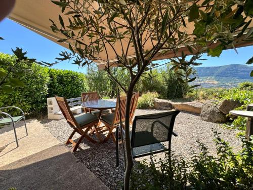 a table and chairs sitting under an umbrella at L'instant Causse in Millau