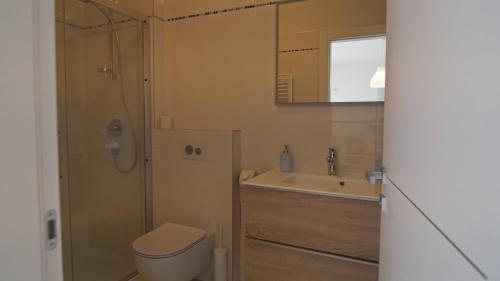 a bathroom with a shower and a toilet and a sink at Navigantes Superior in Zadar