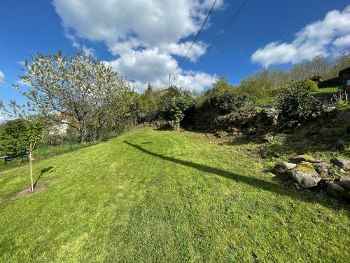 a field of green grass with a shadow on it at Maison aux pieds des volcans in Orcines