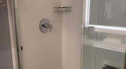 a shower in a bathroom with a shower backdoor at Best Western Lake Lucille Inn in Wasilla