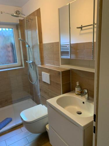 a bathroom with a sink and a shower and a toilet at Ferienwohnung Wieben in Sankt Peter-Ording