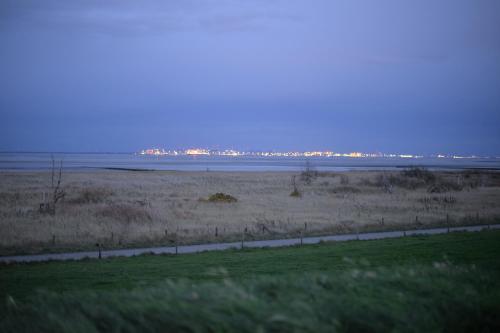 Vue d'un champ avec l'océan en arrière-plan dans l'établissement Ferienhaus Deichstern, à Hoddersdeich