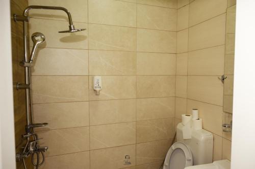 a bathroom with a shower with a toilet and toilet paper at Hotel & Restaurant Frida in Gjakove