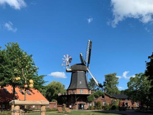 un edificio con mulino a vento di fronte a una casa di Ferienhaus Fasanen Nest a Sehestedt