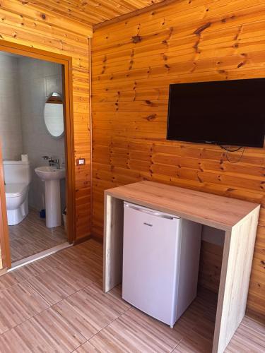 a bathroom with a tv on a wooden wall at Boi Villas in Dhërmi