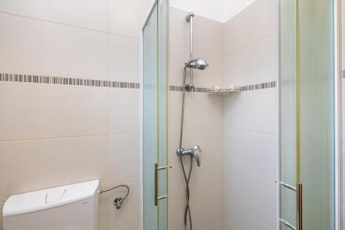a shower with a glass door in a bathroom at Holiday house CIRIK in Kras
