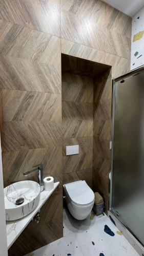 a bathroom with a toilet and a sink and a shower at Deribas Apartments in Odesa