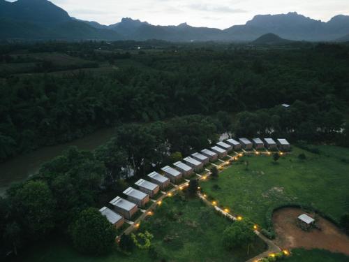an overhead view of a wedding venue with lights at Chong khaep aingkwai resort Saiyok in Sai Yok