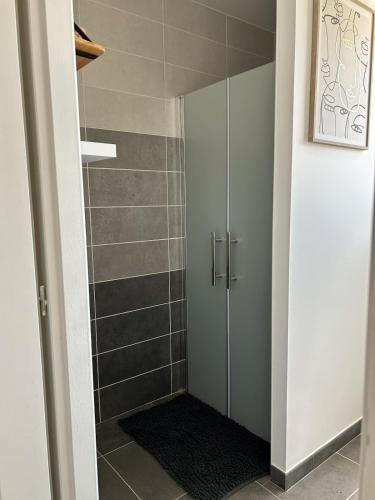 a shower with a glass door in a bathroom at Le Cottage de Felix in Canet d'Aude