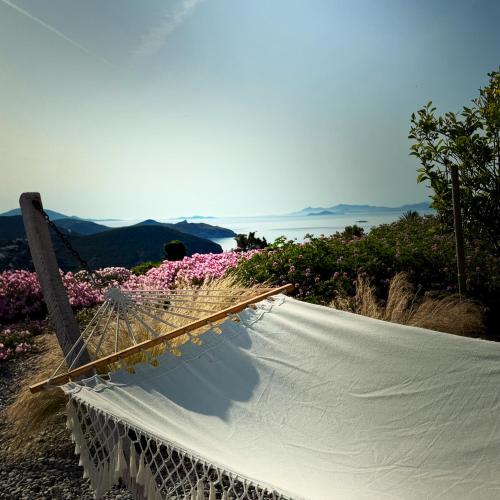 a hammock sitting on top of a field of flowers at Patmosphere Luxury Escape Adults-Only in Patmos
