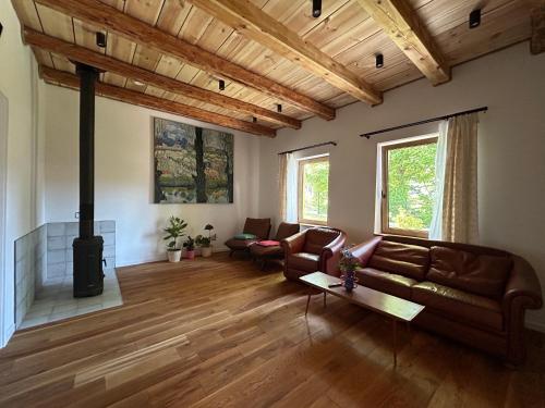 a living room with a couch and a fireplace at Rogaty Dworek in Kornatka
