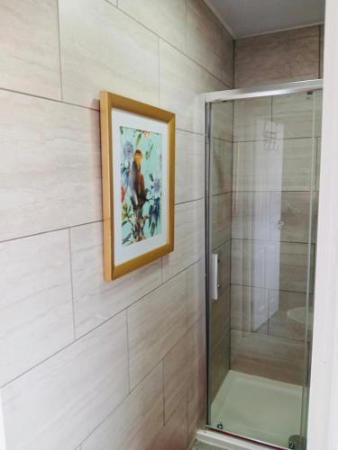 a bathroom with a shower and a painting on the wall at 43 Digbeth Private Studio Apart in Birmingham