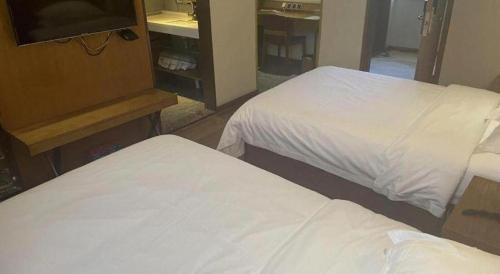 two beds in a hotel room with a tv at James Joyce Coffetel Xian Big Goose Pagoda Tang Paradise Branch in Xi'an