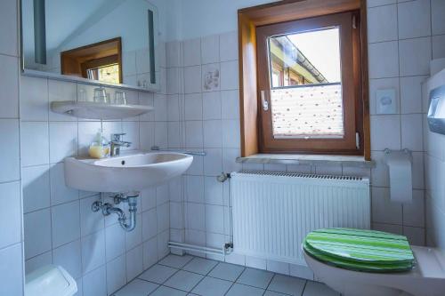 a bathroom with a sink and a toilet and a window at Pension Haus Brückner in Wildemann