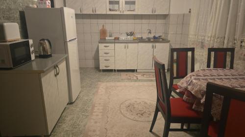 a kitchen with a refrigerator and a table with a microwave at Villa Oaza Zeleni Vir Olovo in Olovo