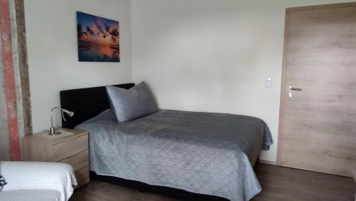 1 dormitorio con 1 cama al lado de una puerta en Ferienwohnung Denninger, 