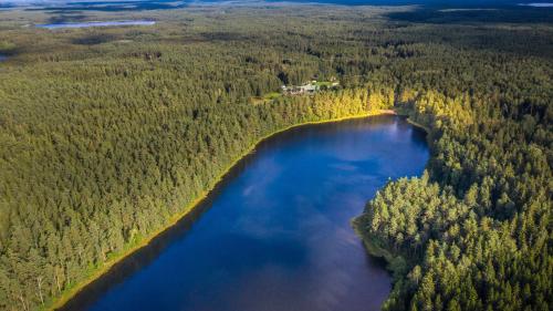 an aerial view of a river in a forest at Poilsio kompleksas Tolieja Vieta renginiams bei poilsiui ant ežero kranto in Kulionys