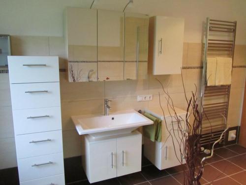 La salle de bains est pourvue d'un lavabo et d'un miroir. dans l'établissement Large cozy apartment Grubweg 130 qm, à Sankt Martin am Tennengebirge