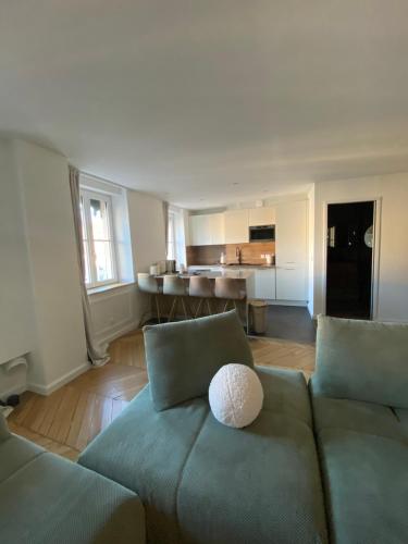 un salon avec un canapé vert et une cuisine dans l'établissement Casa Saudade, à Lyon