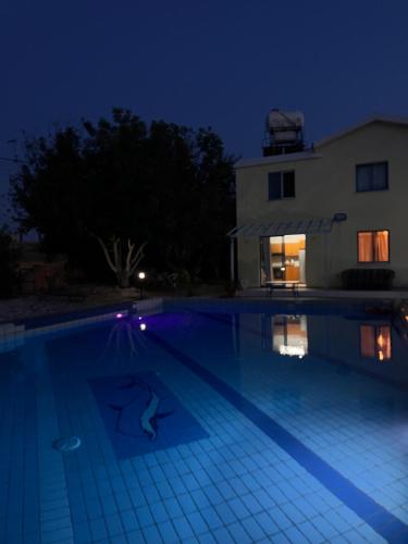 a person swimming in a swimming pool at night at QUEEN EVRIDIKI & VILLA PANORAMA in Peyia