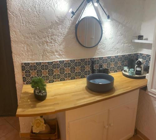 un comptoir de salle de bain avec un lavabo et un miroir dans l'établissement Silva room 4 personnes, à La Celle-sous-Gouzon