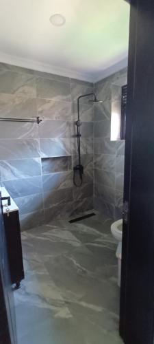 a bathroom with a shower and a toilet at Nyamata room in Mayange