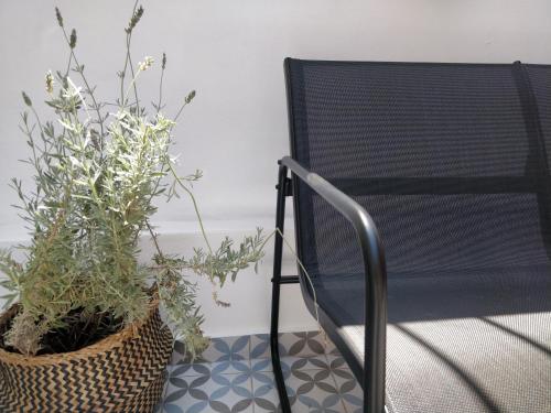 a chair and a potted plant on a tile floor at Brand new detached house in central Mytilene in Mytilini