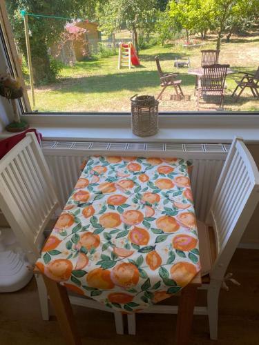 a bench with a blanket on it in front of a window at Träumen unter Bäumen - Omas lütte Obstbutze am See in Lübstorf
